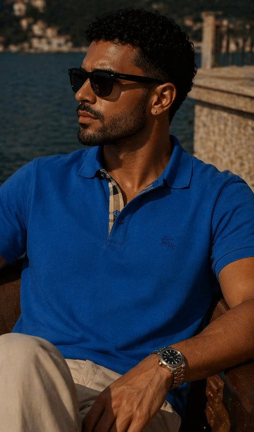 Burberry Checked Nova embroidered blue equestrian knight short sleeve polo blue
