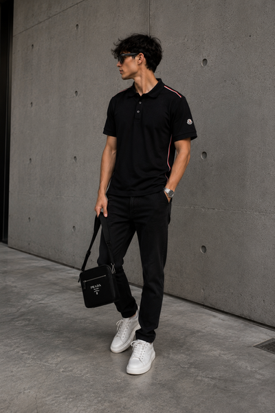 Moncler Maglia tricolor patch logo & tape short polo black