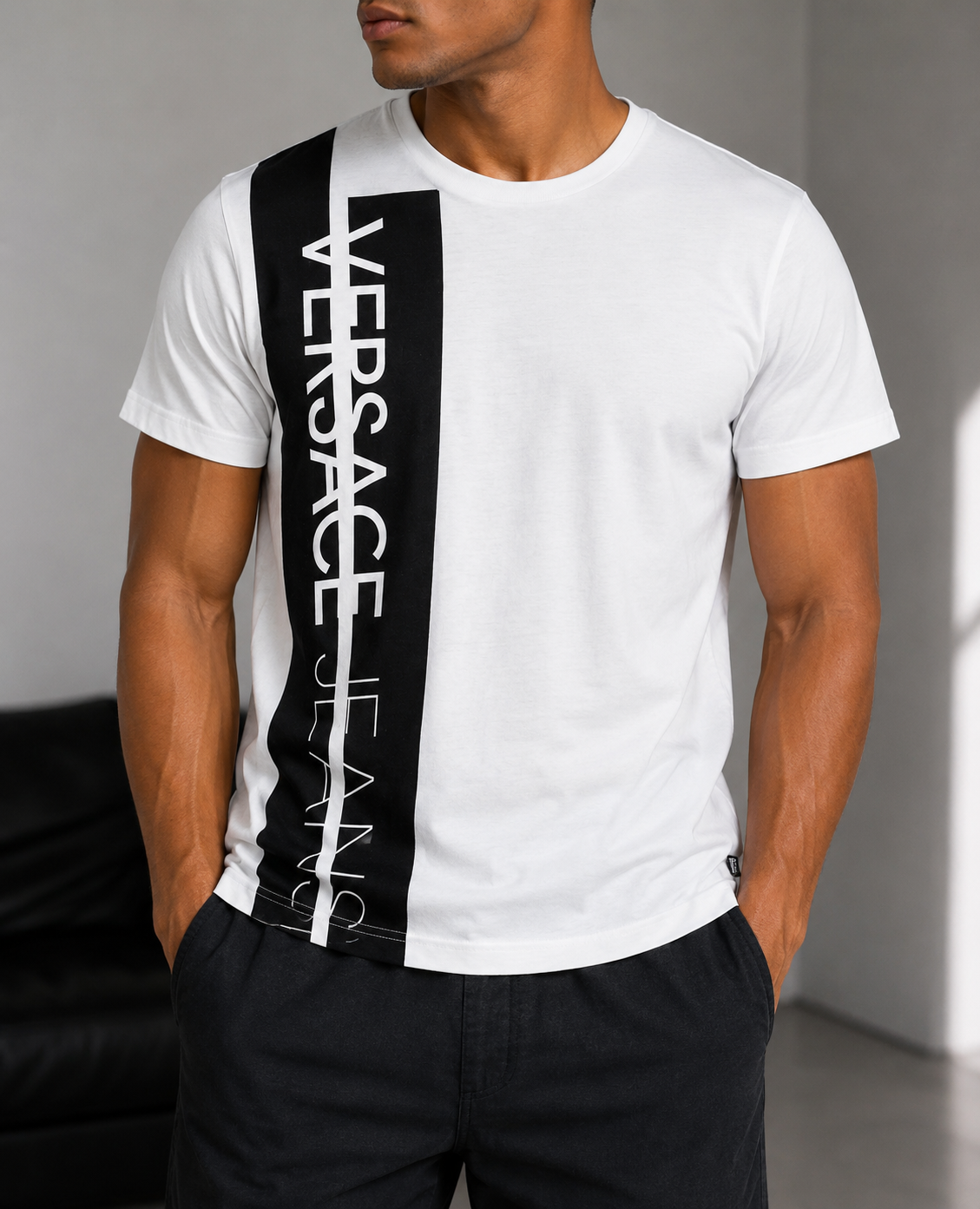 Versace Jeans printed black spellout side logo short tee whitw