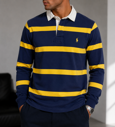 Ralph Lauren embroidery yellow patch-logo long sleeve striped polo navy/yellow