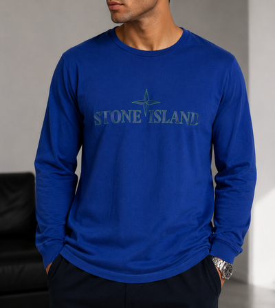 Stone Island printed compass graphic monogram logo long sleeve tee vibrant blue