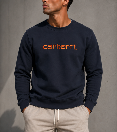 Carhartt WIP rendered embroidery orange patch logo sweatshirt navy