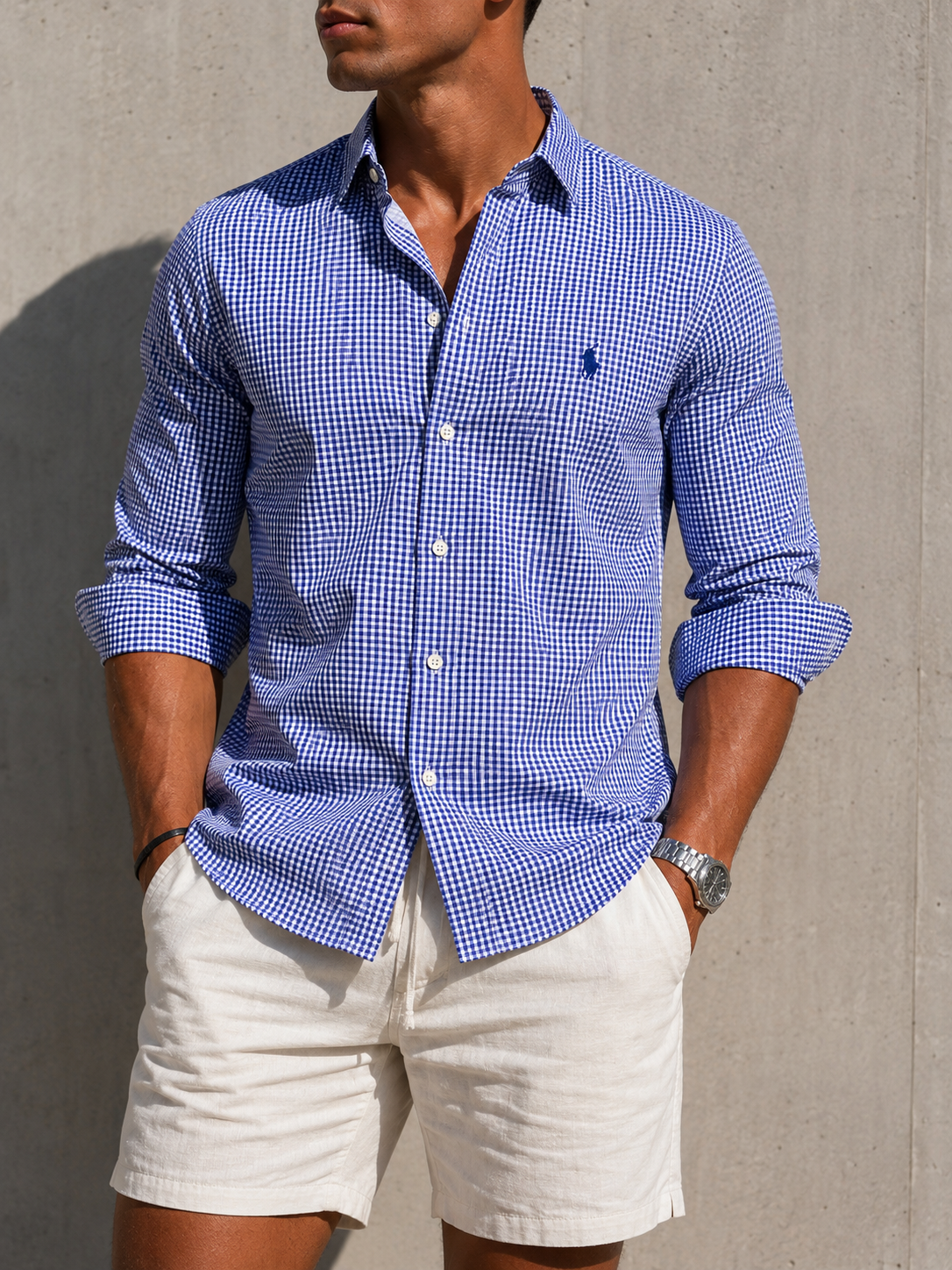 Ralph Lauren navy patch-logo checked button-down long shirt blue/white