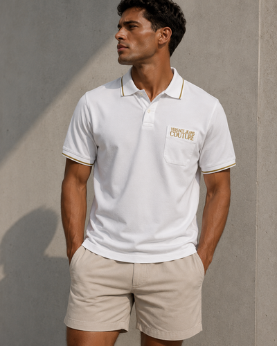 Versace Jeans Couture embroidery gold patch-logo pocket short polo white